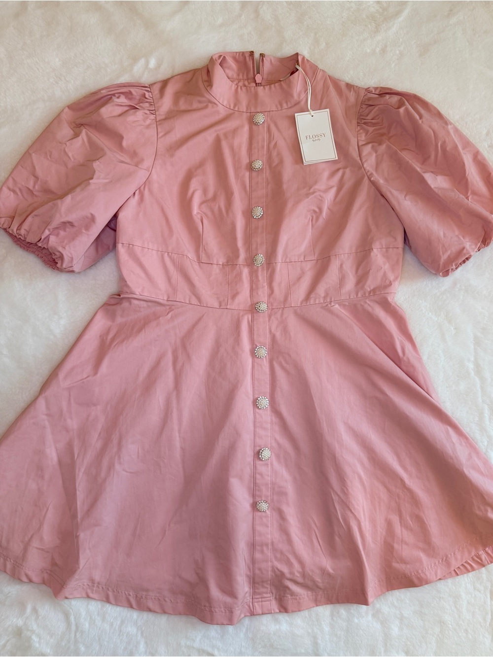 Flossy by Freddy Nelly Dress Pink Pearl Button Puff Sleeve Mini Dress NWT